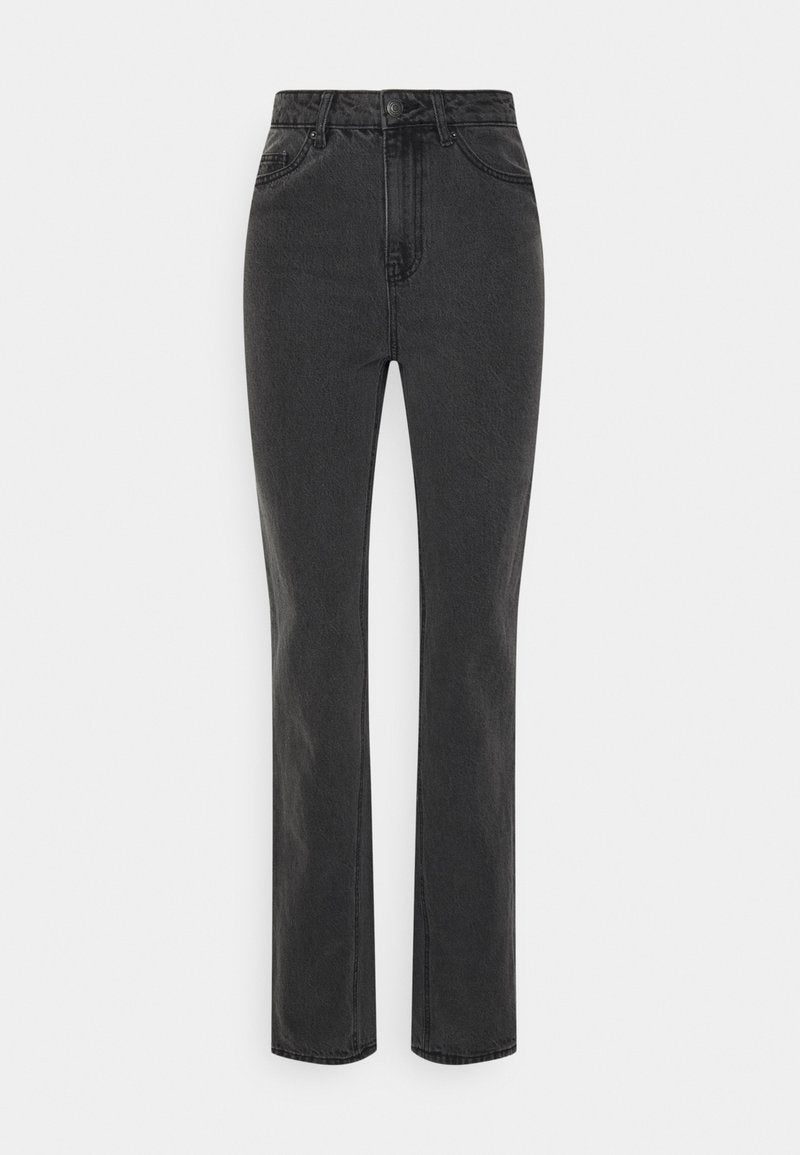 Schwarze hoch taillierte Jeans mit geradem Bein, hergestellt aus Denimstoff. Verfügt über fünf Taschen und Metallknopfdetails.