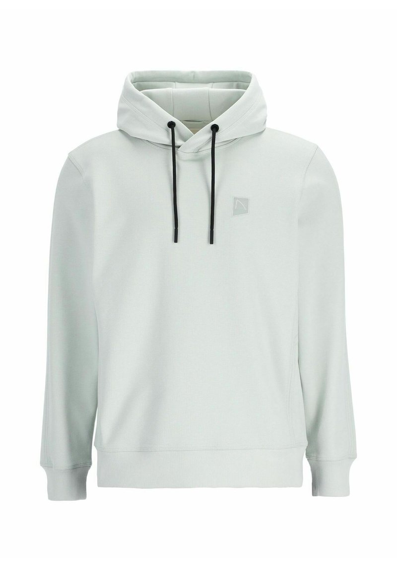 Hellgrauer Hoodie mit einer Fronttasche, Kordeln und einem kleinen Logo auf der Brust. Hergestellt aus weichem Stoff mit glatter Textur.