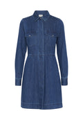 Denim Kleidhemd, dunkelblau, Knopfverschluss vorne, lange Ärmel, zwei Brusttaschen, Taillennaht zur Formgebung und gerader Saum.