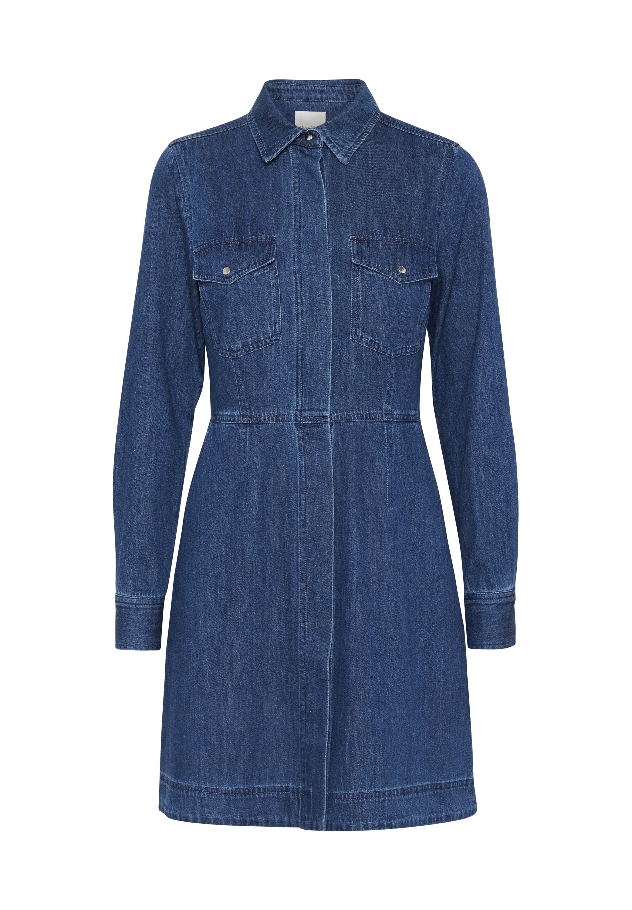 Denim Kleidhemd, dunkelblau, Knopfverschluss vorne, lange Ärmel, zwei Brusttaschen, Taillennaht zur Formgebung und gerader Saum.