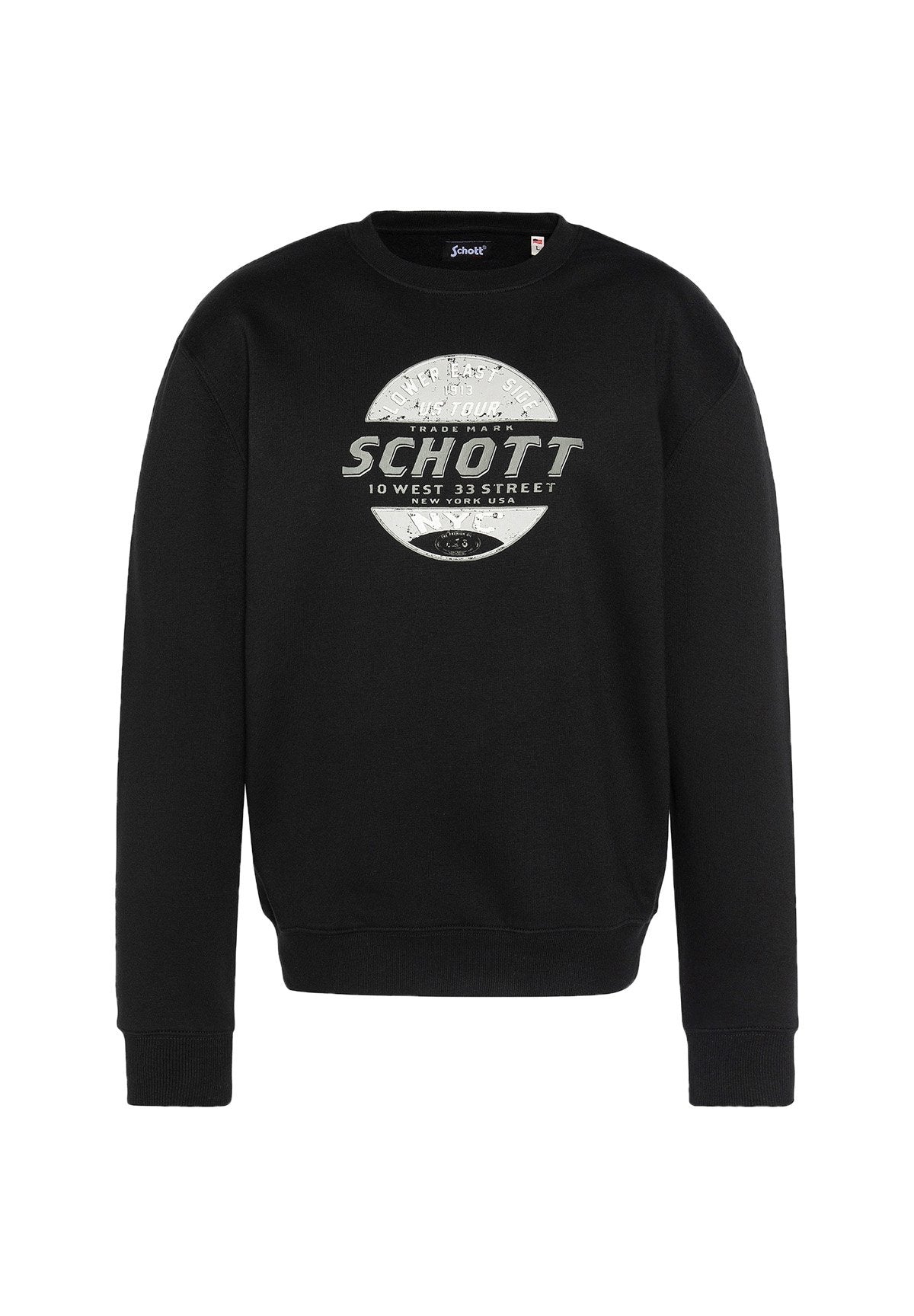 Schwarzer Sweatshirt mit Rundhalsausschnitt und langen Ärmeln. Mit einem silbernen grafischen Logo in der Mitte. Aus Baumwollmaterial gefertigt.