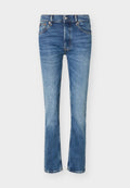 Blaue Jeans aus Denim mit leichten Verblassungen an den Oberschenkeln und Knien, Knopfverschluss vorne, Fünf-Taschen-Design und geradem Bein.