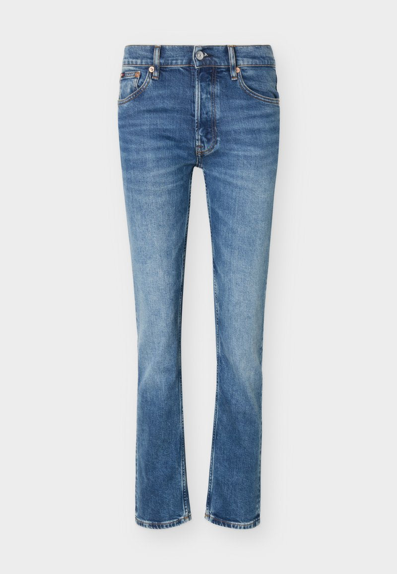 Blaue Jeans aus Denim mit leichten Verblassungen an den Oberschenkeln und Knien, Knopfverschluss vorne, Fünf-Taschen-Design und geradem Bein.