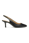 Schwarze Slingback-Pumps mit spitzem Zehenbereich, aus glattem Leder, mit dünnem Absatz und verstellbarem Schnallenriemen.