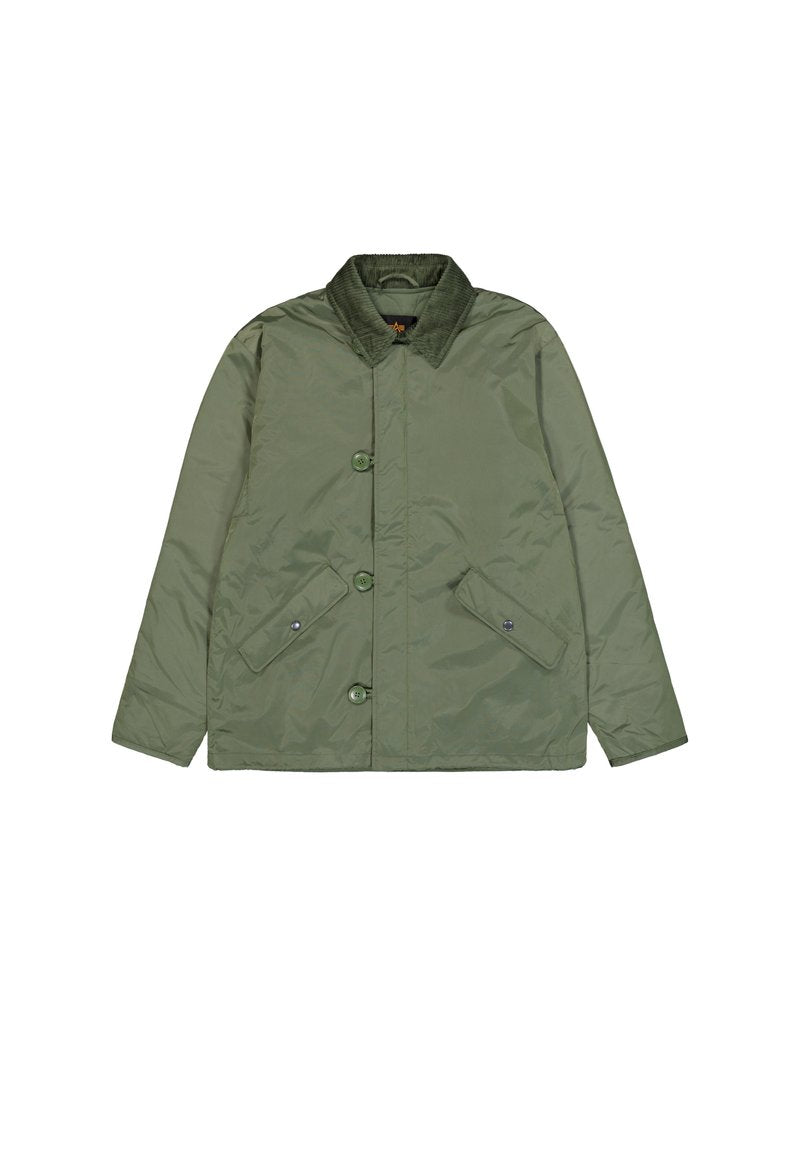 Grüne gepolsterte Jacke mit einem Cordkragen, drei Knöpfen vorne und zwei schrägen Klappentaschen mit Druckknopfverschlüssen.