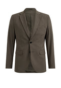 Brauner maßgeschneiderter Blazer mit zwei vorderen Taschen, Ein-Knopf-Verschluss, strukturierten Schultern und einer glatten Textur. Das gefütterte Innenleben ist sichtbar.