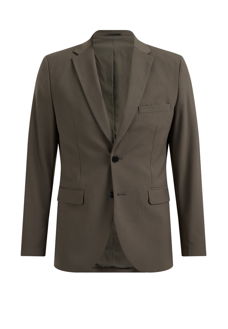 Brauner maßgeschneiderter Blazer mit zwei vorderen Taschen, Ein-Knopf-Verschluss, strukturierten Schultern und einer glatten Textur. Das gefütterte Innenleben ist sichtbar.