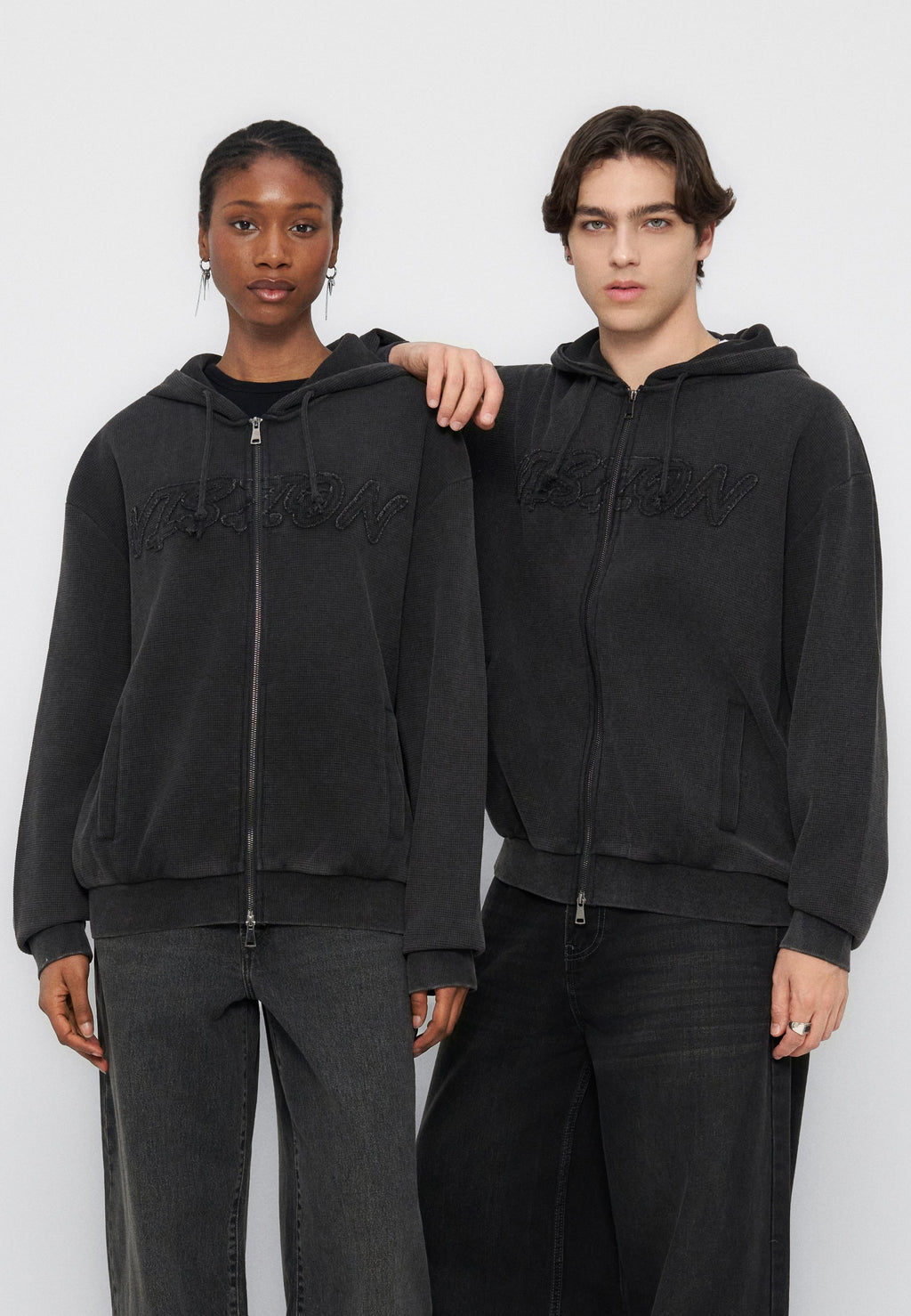 YOURTURN WAFFLE BOXY FIT ZIP-UP HOODIE