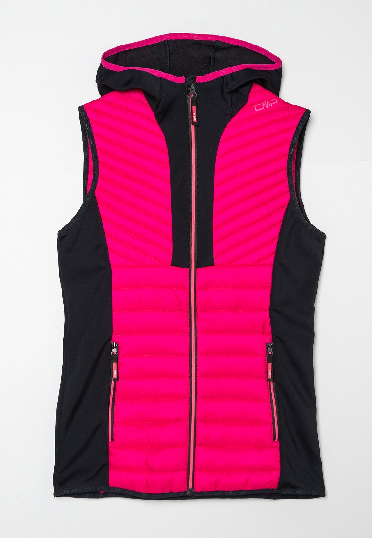 Kapuze Weste in leuchtendem Pink und Schwarz, mit gesteppten Frontpaneelen, Reißverschlusstaschen und einer taillierten Passform. Weicher Stoff mit strukturierten Akzenten.