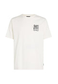 Weißes Baumwoll-T-Shirt mit Rundhalsausschnitt und kurzen Ärmeln. Verfügt über schwarzen grafischen Text und Design auf der linken Seite. Schlichter, unauffälliger Stil.