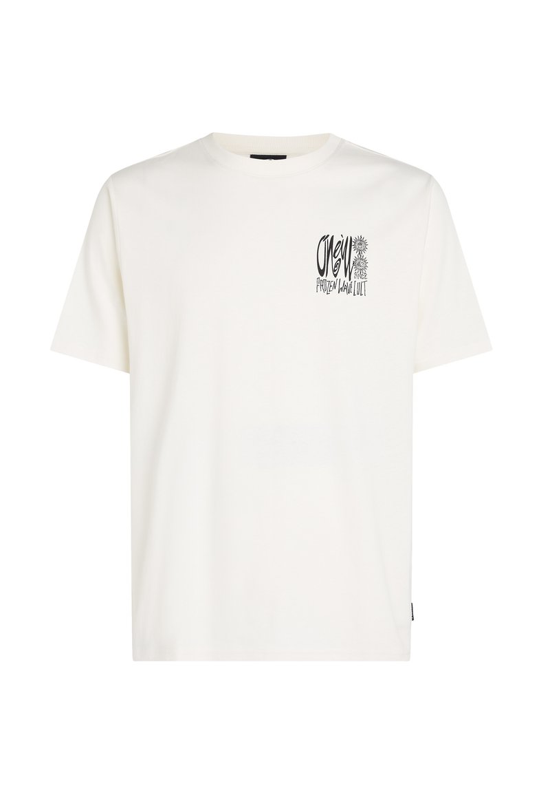 Weißes Baumwoll-T-Shirt mit Rundhalsausschnitt und kurzen Ärmeln. Verfügt über schwarzen grafischen Text und Design auf der linken Seite. Schlichter, unauffälliger Stil.