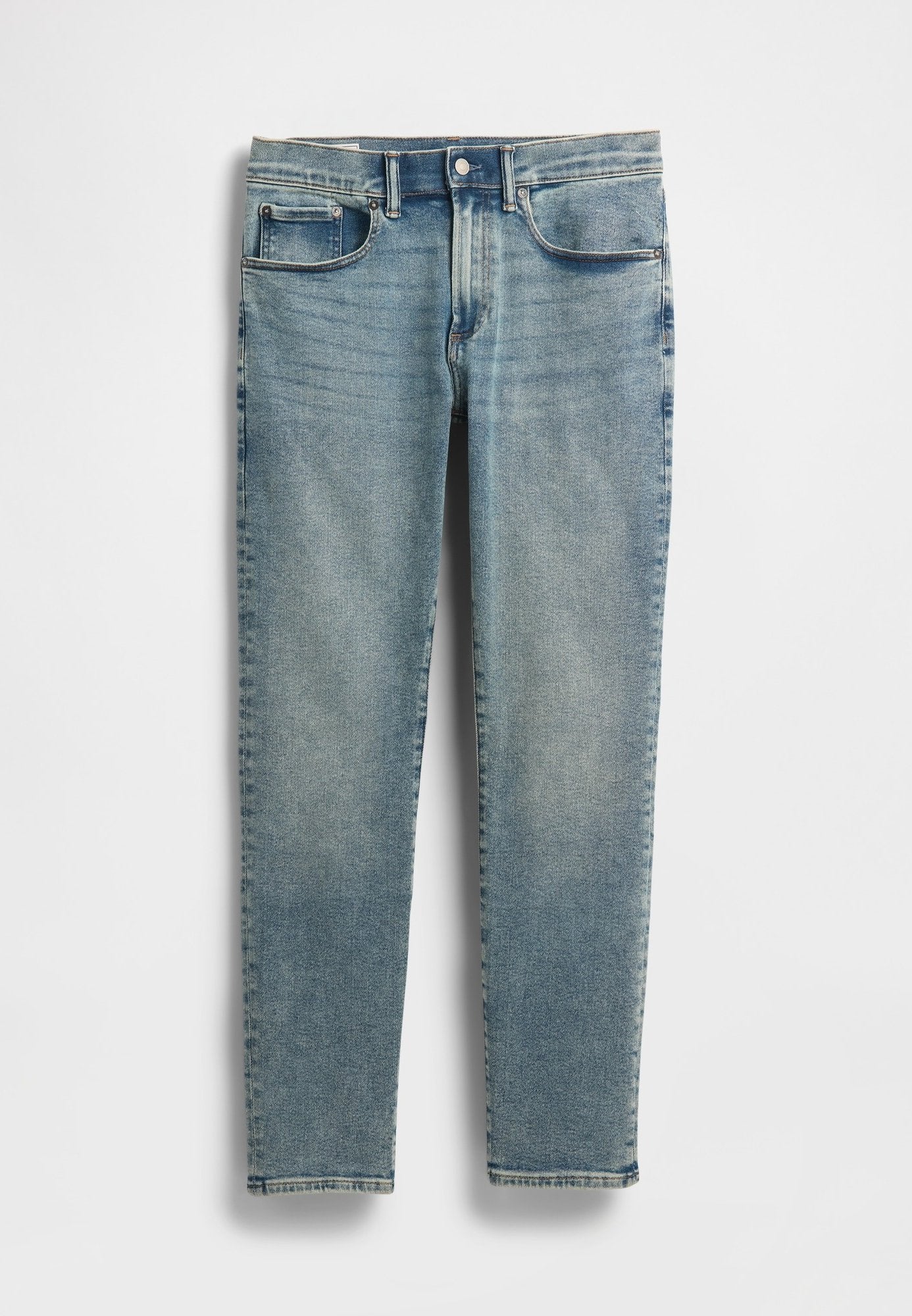 Hellblaue Jeans aus Denim mit geradem Schnitt, ausgebleichter Textur, Fünf-Taschen-Design und Knopfverschluss am Bund.