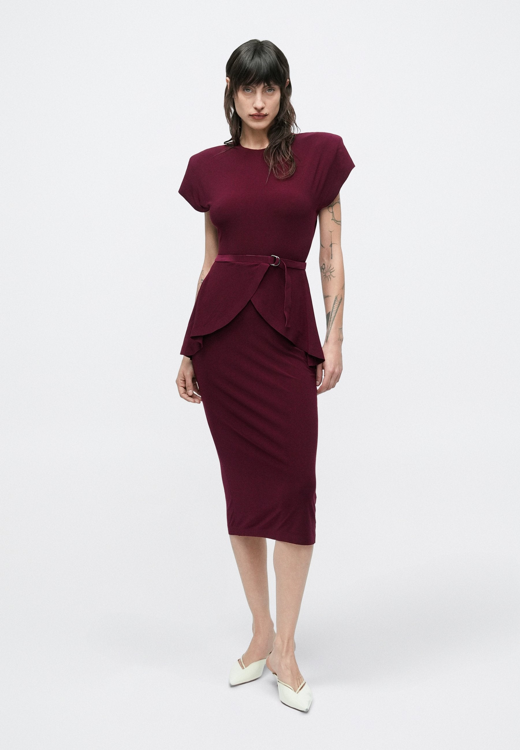 Norma Kamali SLEEVE SHOULDER PAD PEPLUM DRESS TO MIDCALF