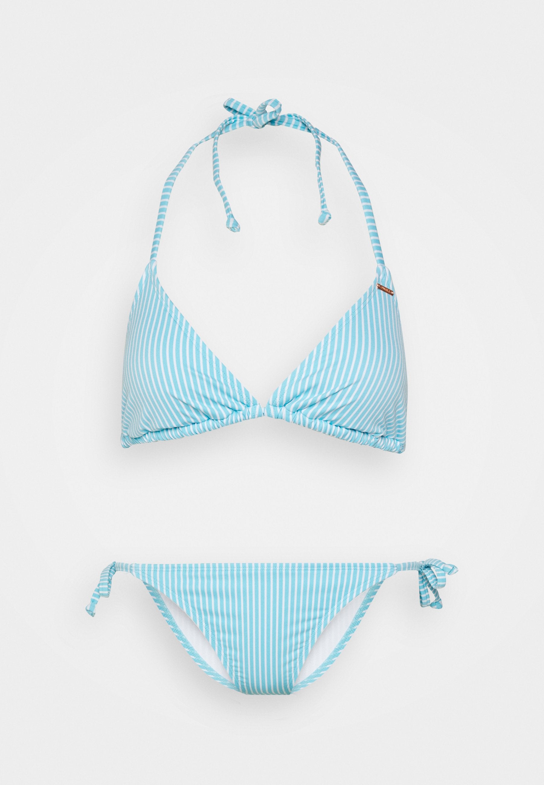 Blau-weiß gestreifter Bikini mit Triangel-Oberteil, das über verstellbare Bindebänder verfügt, sowie passenden tief sitzenden Unterteilen mit seitlichen Bindebändern. Glatte Stoffstruktur.