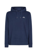 Marineblaue Baumwollkapuzenjacke mit verstellbarer Kapuze, vorderer Kängurutasche, gerippten Bündchen und einem kleinen weißen Logo auf der Brust.