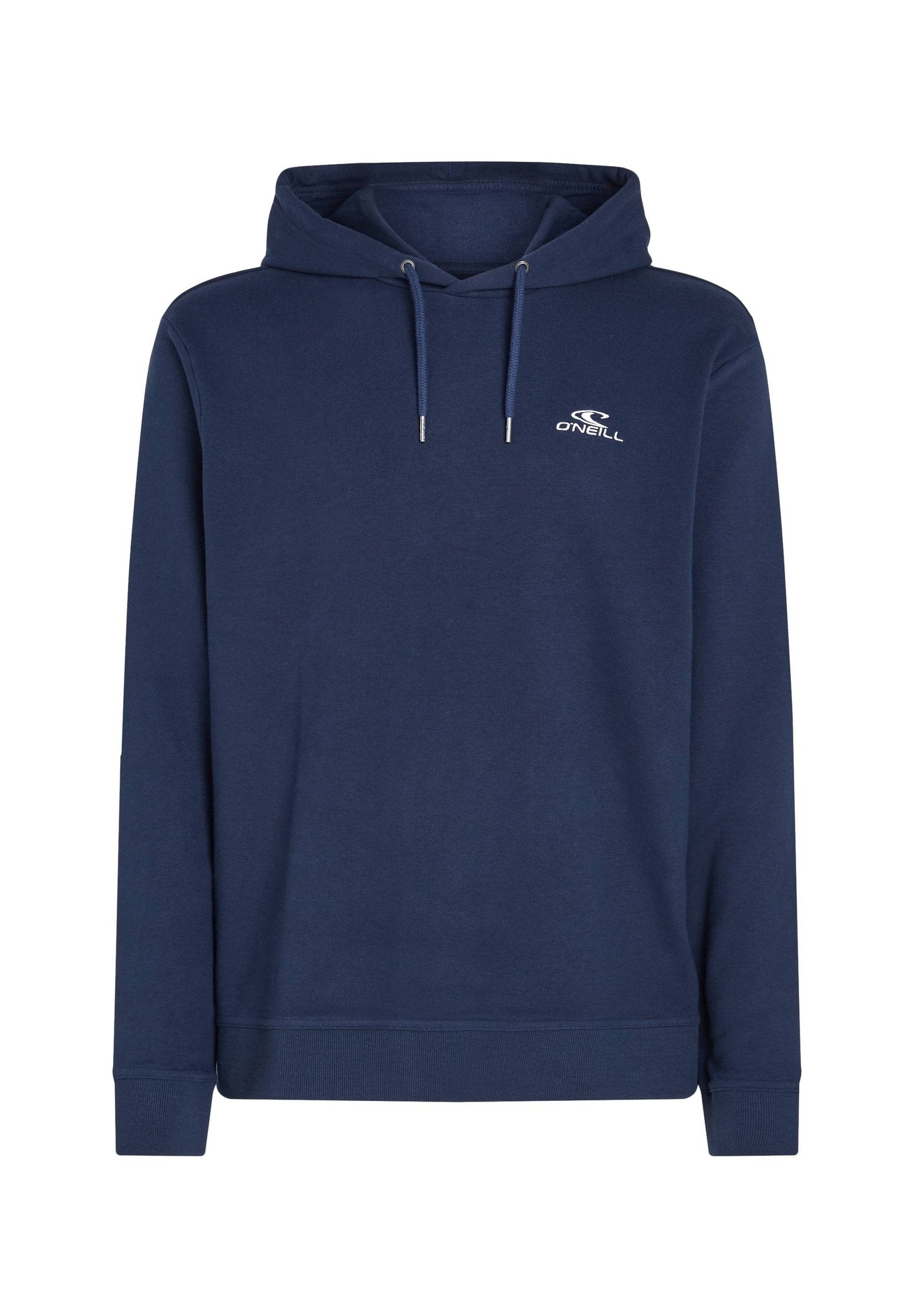 Marineblaue Baumwollkapuzenjacke mit verstellbarer Kapuze, vorderer Kängurutasche, gerippten Bündchen und einem kleinen weißen Logo auf der Brust.