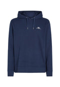 Marineblaue Baumwollkapuzenjacke mit verstellbarer Kapuze, vorderer Kängurutasche, gerippten Bündchen und einem kleinen weißen Logo auf der Brust.