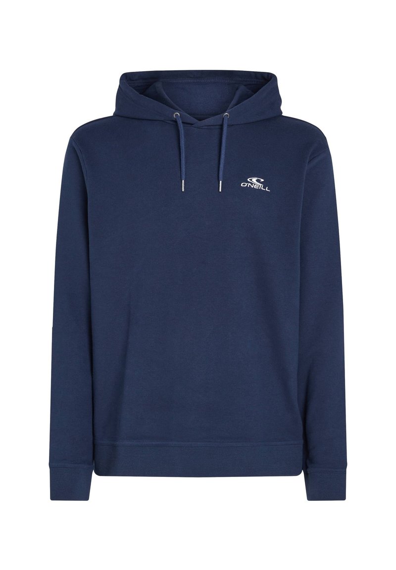 Marineblaue Baumwollkapuzenjacke mit verstellbarer Kapuze, vorderer Kängurutasche, gerippten Bündchen und einem kleinen weißen Logo auf der Brust.
