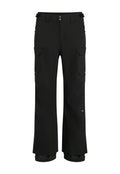 Schwarze Cargo-Hosen mit lockerer Passform, mehreren Seitentaschen, verstellbarem Bund und wasserabweisendem Stoff für den Einsatz im Freien.