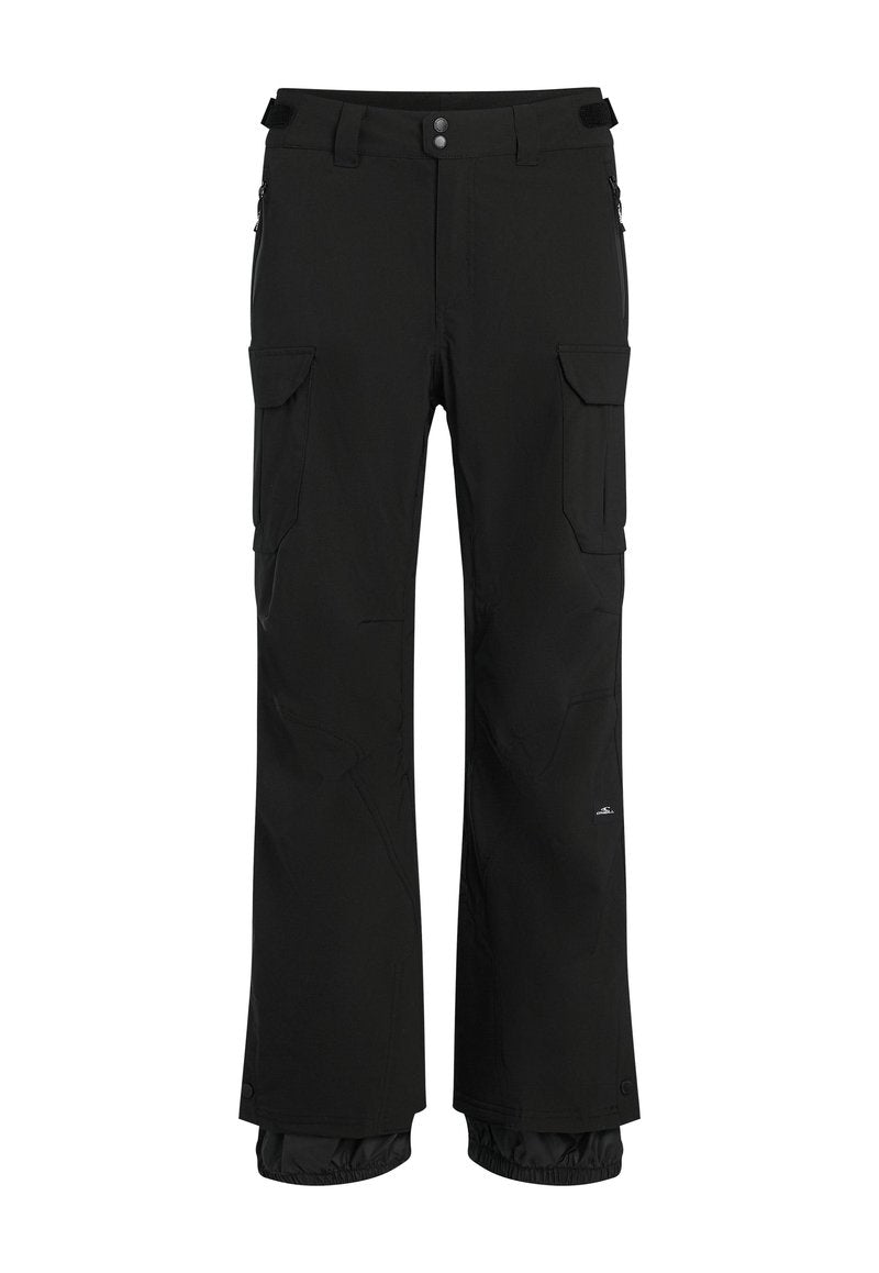Schwarze Cargo-Hosen mit lockerer Passform, mehreren Seitentaschen, verstellbarem Bund und wasserabweisendem Stoff für den Einsatz im Freien.