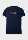 Marineblaue Baumwoll-T-Shirt mit "tommy JEANS" in bunten Buchstaben, kurzen Ärmeln und klassischem Rundhalsausschnitt.