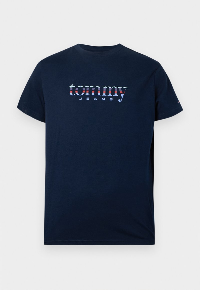 Marineblaue Baumwoll-T-Shirt mit "tommy JEANS" in bunten Buchstaben, kurzen Ärmeln und klassischem Rundhalsausschnitt.