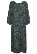 Langes Kleid mit grünem und schwarzem Zebra-Streifenmuster, runder Ausschnitt und Puffärmel, aus weichem Stoff gefertigt.