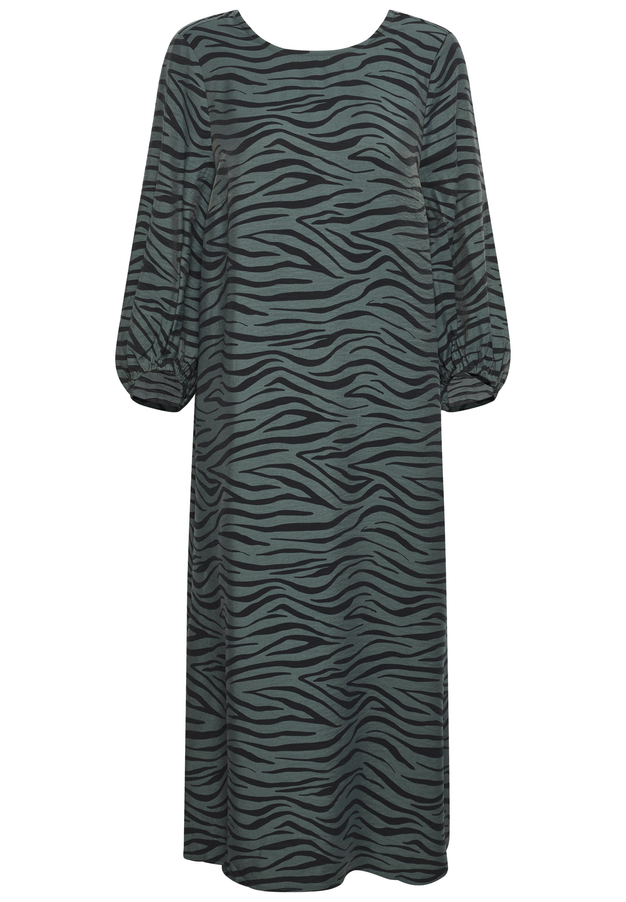 Langes Kleid mit grünem und schwarzem Zebra-Streifenmuster, runder Ausschnitt und Puffärmel, aus weichem Stoff gefertigt.
