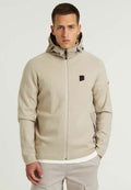 Beige Zip-Jacke mit Kapuze aus strukturiertem Stoff. Verfügt über ein schwarzes Logo auf der Brust und zwei seitliche Taschen. Einfaches, funktionales Design.