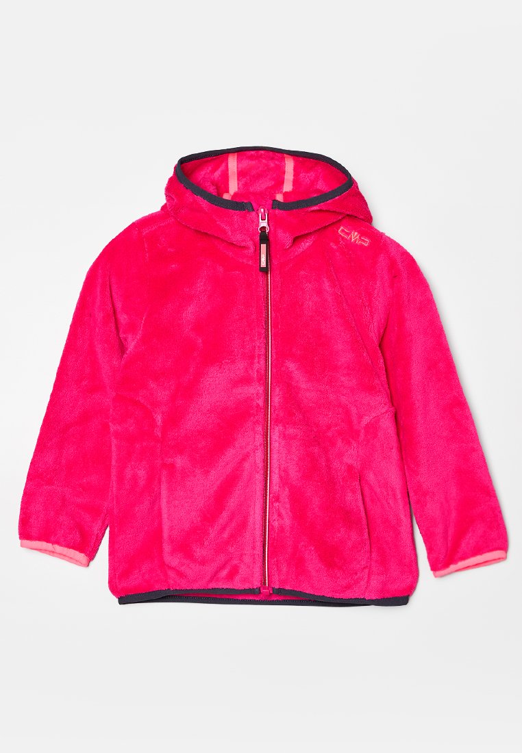 Fleecejacke in leuchtendem Pink mit Kapuze, durchgehendem Reißverschluss und kontrastierendem marineblauem Besatz an Bündchen und Saum. Weiche, flauschige Textur.