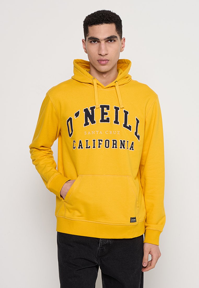 Gelbe Kapuzenjacke aus Baumwolle, mit einer Kängurutasche und einem Logo-Print in Dunkelblau. Gerippte Bündchen und Saum.