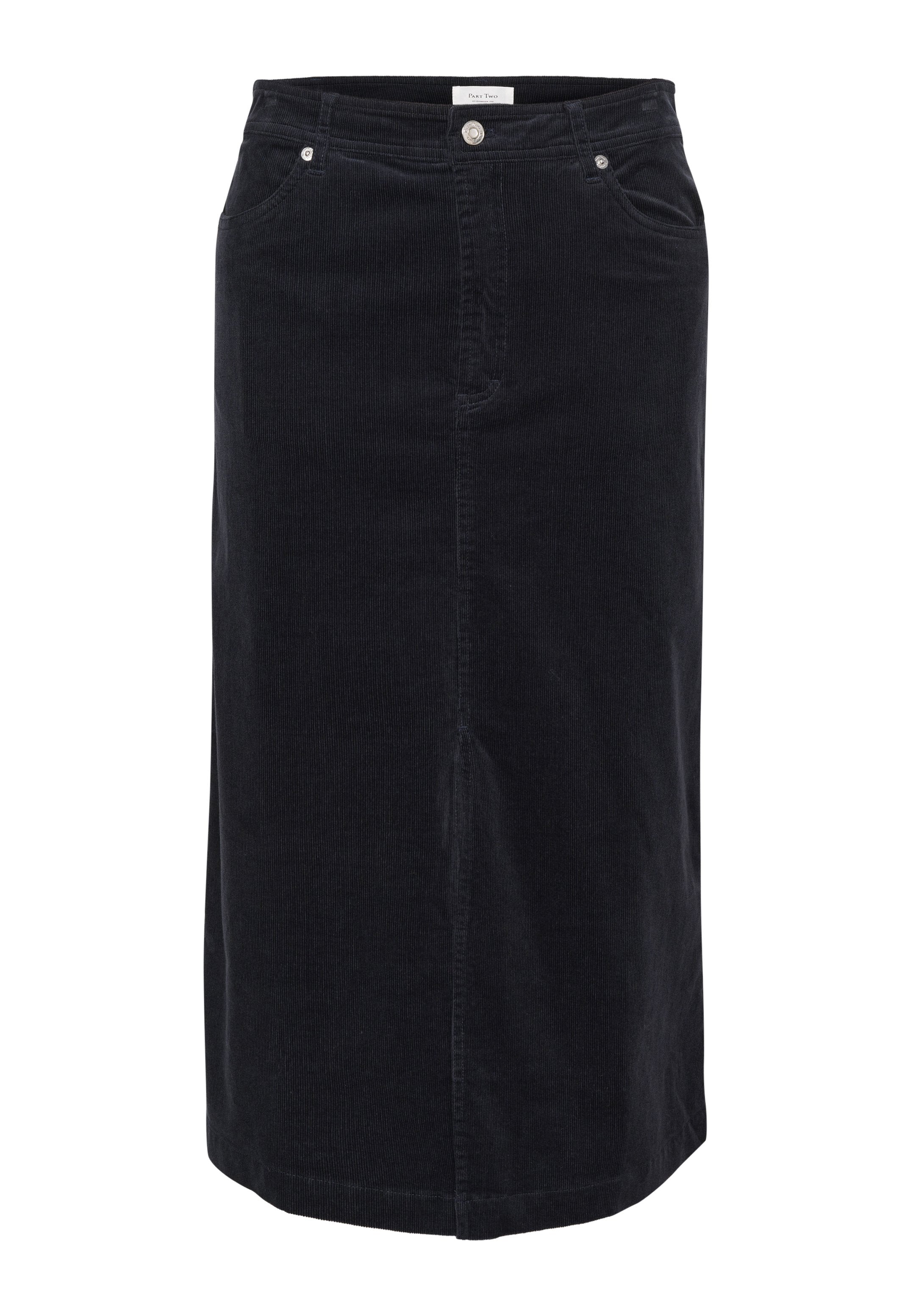 Schwarzer Cord-Midirock mit geradem Schnitt, vorderem Knopfverschluss und zwei seitlichen Taschen. Weicher, strukturierter Stoff mit vertikalen Rillen.