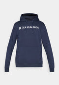 Dunkelblaues Hoodie mit einer Fronttasche, Kapuze mit Kordelzug und weißem "CARCAVELOS"-Logo auf der Brust. Weiches, strukturiertes Material.