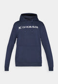 Dunkelblaues Hoodie mit einer Fronttasche, Kapuze mit Kordelzug und weißem "CARCAVELOS"-Logo auf der Brust. Weiches, strukturiertes Material.