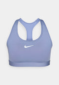 Helle lila Sport-BH mit Racerback-Design, einem breiten Band und einem weißen Logo auf der Vorderseite. Hergestellt aus einem glatten, dehnbaren Material.