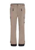 Beige Outdoor-Hosen mit schwarzen elastischen Bündchen, ausgestattet mit mehreren Reißverschlusstaschen und Druckknopfverschlüssen. Hergestellt aus strapazierfähigem, strukturiertem Material.