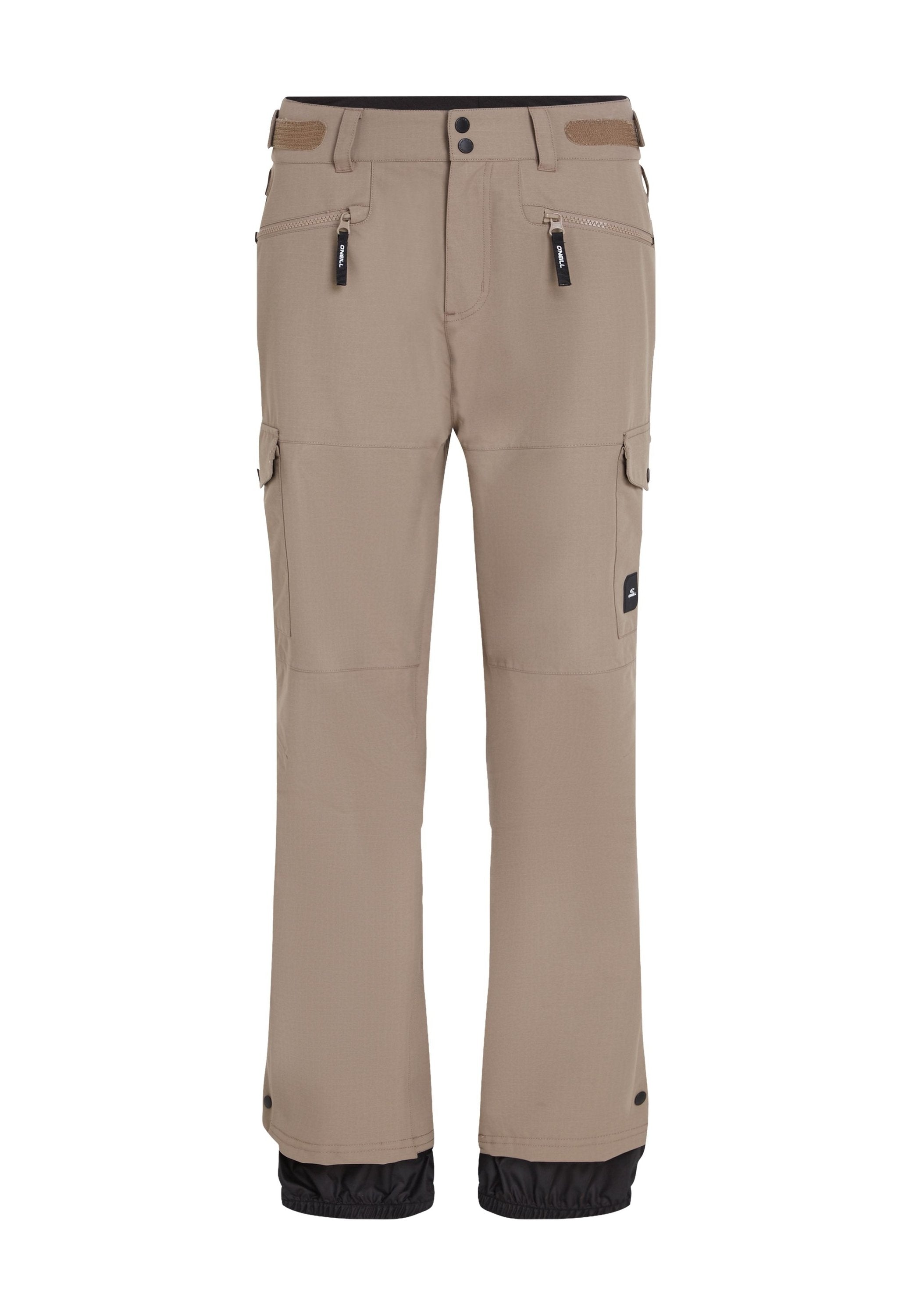 Beige Outdoor-Hosen mit schwarzen elastischen Bündchen, ausgestattet mit mehreren Reißverschlusstaschen und Druckknopfverschlüssen. Hergestellt aus strapazierfähigem, strukturiertem Material.