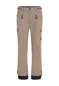 Beige Outdoor-Hosen mit schwarzen elastischen Bündchen, ausgestattet mit mehreren Reißverschlusstaschen und Druckknopfverschlüssen. Hergestellt aus strapazierfähigem, strukturiertem Material.