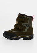 Kinderschneestiefel in Dunkelgrün und Schwarz, mit verstellbaren Klettverschlüssen, Kunstfellkragen, Gummisohle und wasserdichtem Material.