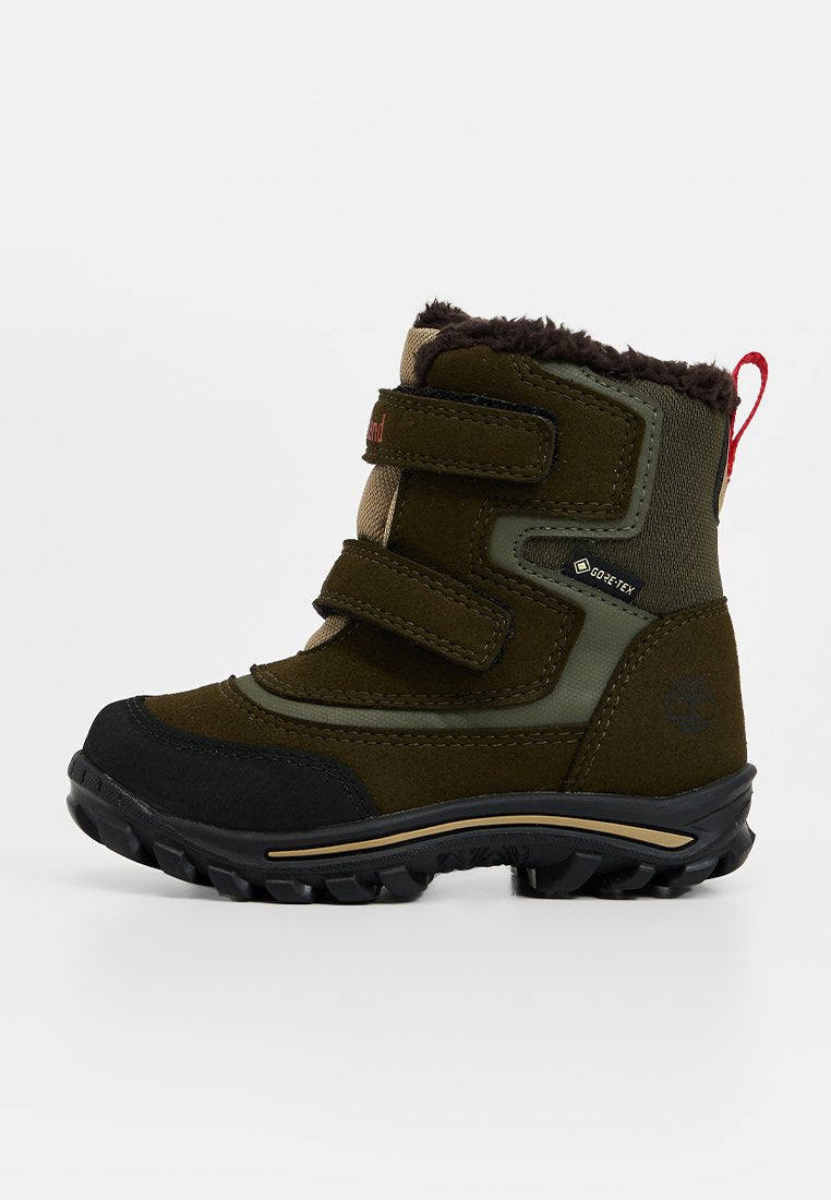 Kinderschneestiefel in Dunkelgrün und Schwarz, mit verstellbaren Klettverschlüssen, Kunstfellkragen, Gummisohle und wasserdichtem Material.
