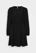 Schwarzes Kleid mit langen Ärmeln und rundem Ausschnitt. Verfügt über strukturierte Spitzenakzente an den Seiten und eine taillierte Taille. Verschluss am Rücken.
