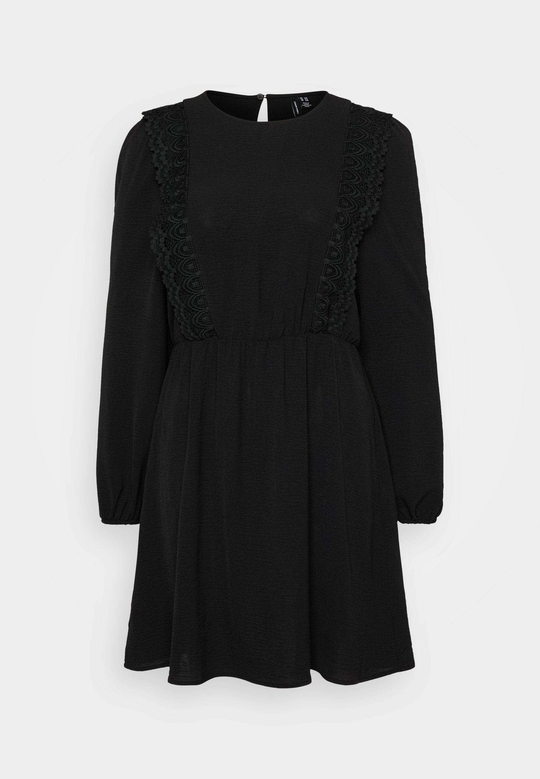 Schwarzes Kleid mit langen Ärmeln und rundem Ausschnitt. Verfügt über strukturierte Spitzenakzente an den Seiten und eine taillierte Taille. Verschluss am Rücken.