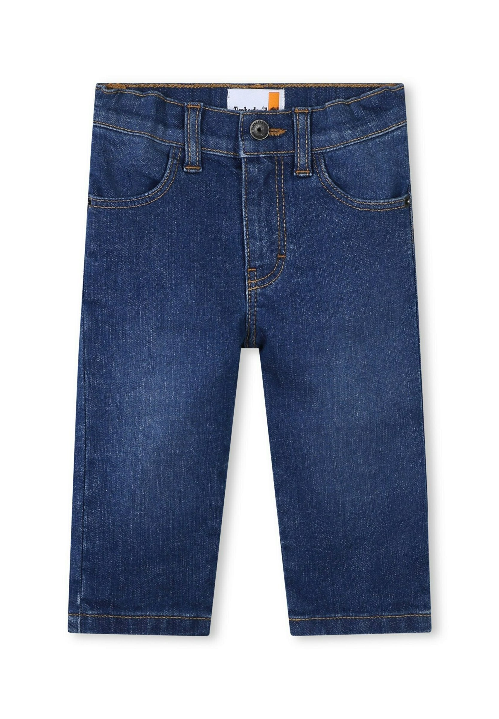 Dunkelblaue Denim-Jeans mit einem Fünf-Taschen-Design, sichtbaren Nahtdetails und einem Knopfverschluss. Gerade geschnitten mit einer glatten Textur.
