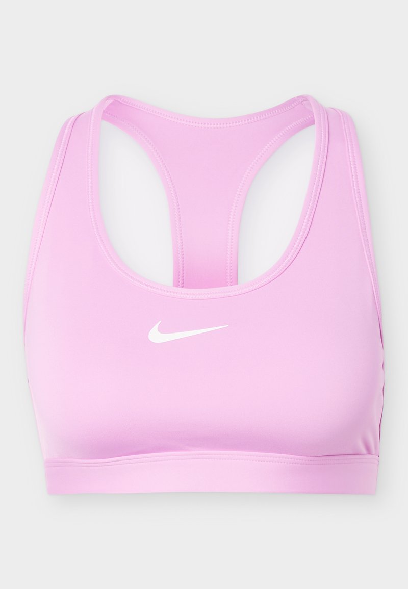 Hellrosa Nike Sport-BH mit Racerback-Design und weißem Nike Swoosh-Logo zentriert auf der Vorderseite.