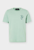 Mintgrünes T-Shirt mit Rundhalsausschnitt und kurzen Ärmeln sowie einem kleinen dunklen geometrischen Logo auf der linken Brust.