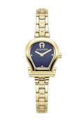 Goldfarbene Uhr mit blauem Zifferblatt, ovalem Gehäuse, silbernen Zeigern und einem Gliederarmband-Design. Schweizer Herstellung.