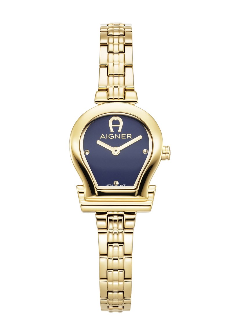 Goldfarbene Uhr mit blauem Zifferblatt, ovalem Gehäuse, silbernen Zeigern und einem Gliederarmband-Design. Schweizer Herstellung.