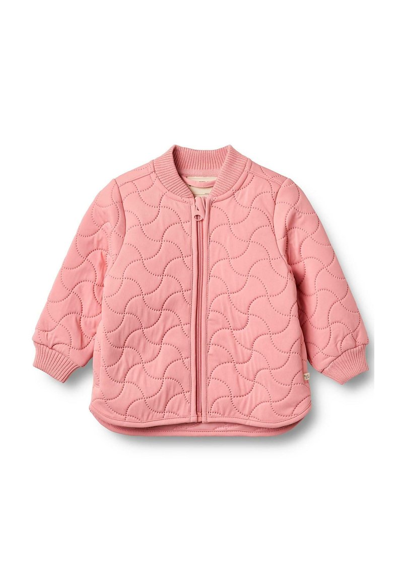 Gepolsterte pinke Bomberjacke mit Reißverschluss, geripptem Kragen und Bündchen sowie subtiler Wellenmusterstruktur. Weicher Stoff.