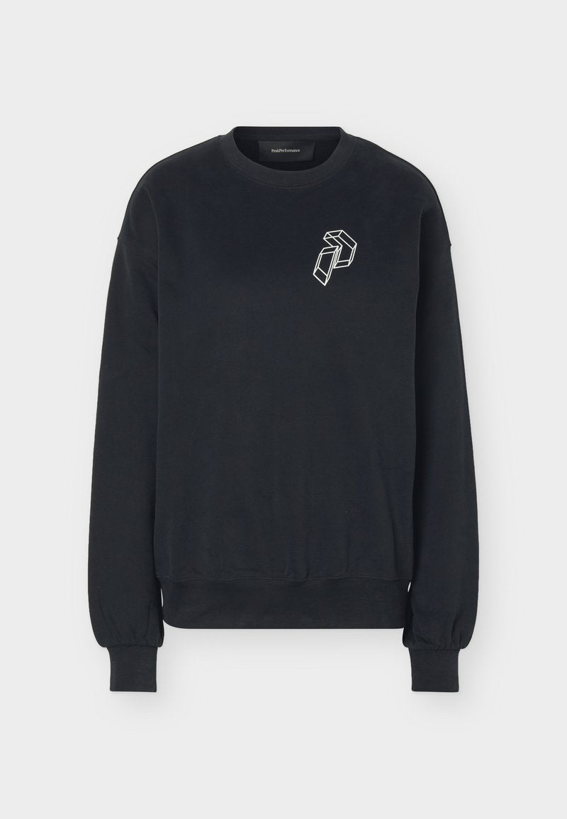 Schwarzer Langarm-Sweatshirt mit Rundhalsausschnitt, weißem geometrischem Logo auf der linken Brust sowie gerippten Bündchen und Saum.