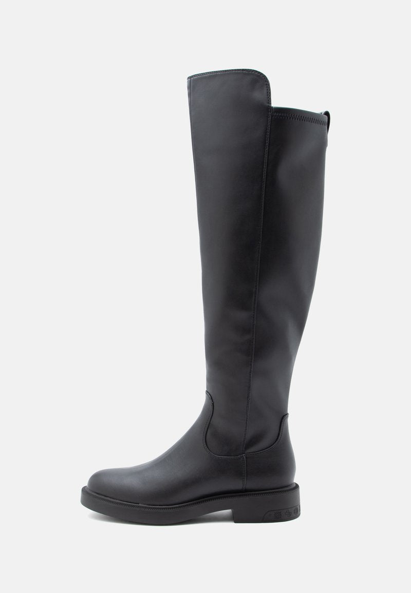 Knöchelhoche schwarze Lederstiefel mit glatter Textur, runder Zehenpartie, dezenten Nähten und einer niedrigen, strapazierfähigen Gummisohle.